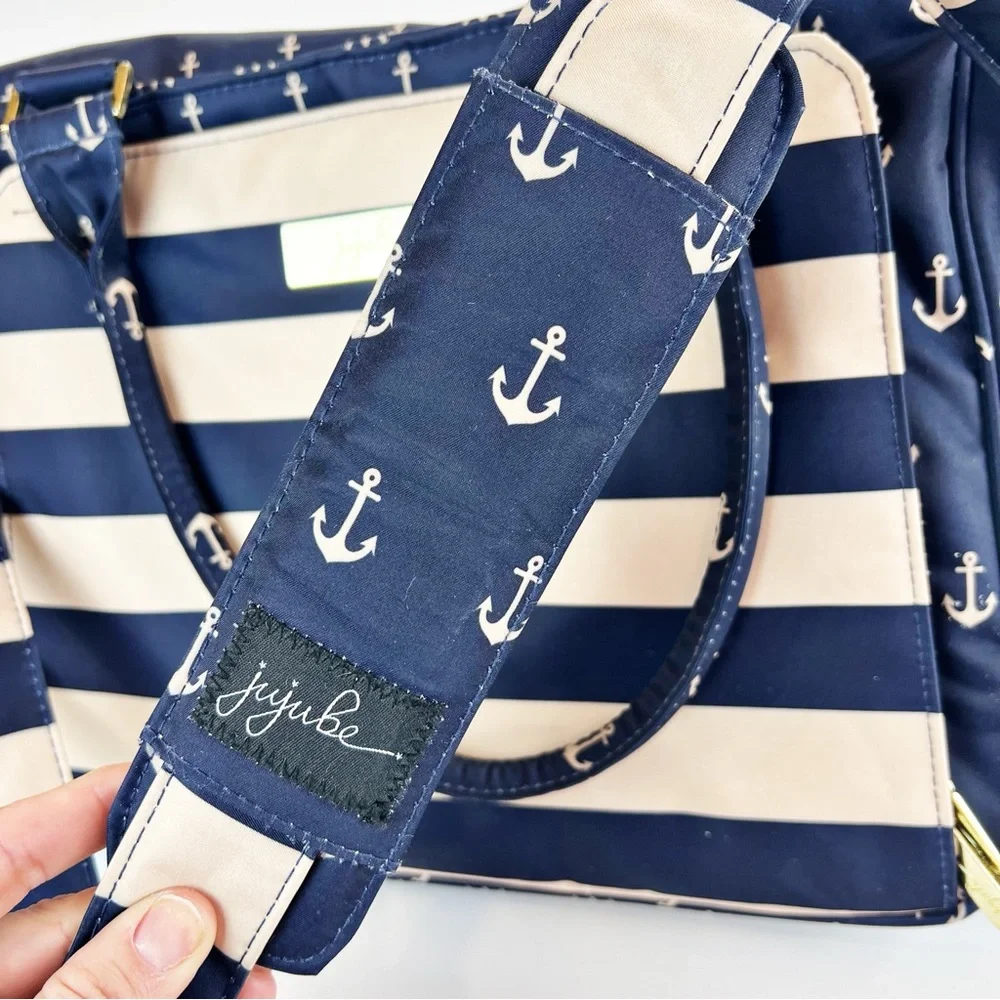 JuJuBe Diaper Bag Nautical Striped‎ w/Anchor Print Multi Compartment Baby Tote